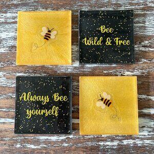 Yellow Bumble Bees Glitter Resin Drink Coasters Set of 4 Gift Kitchen Table